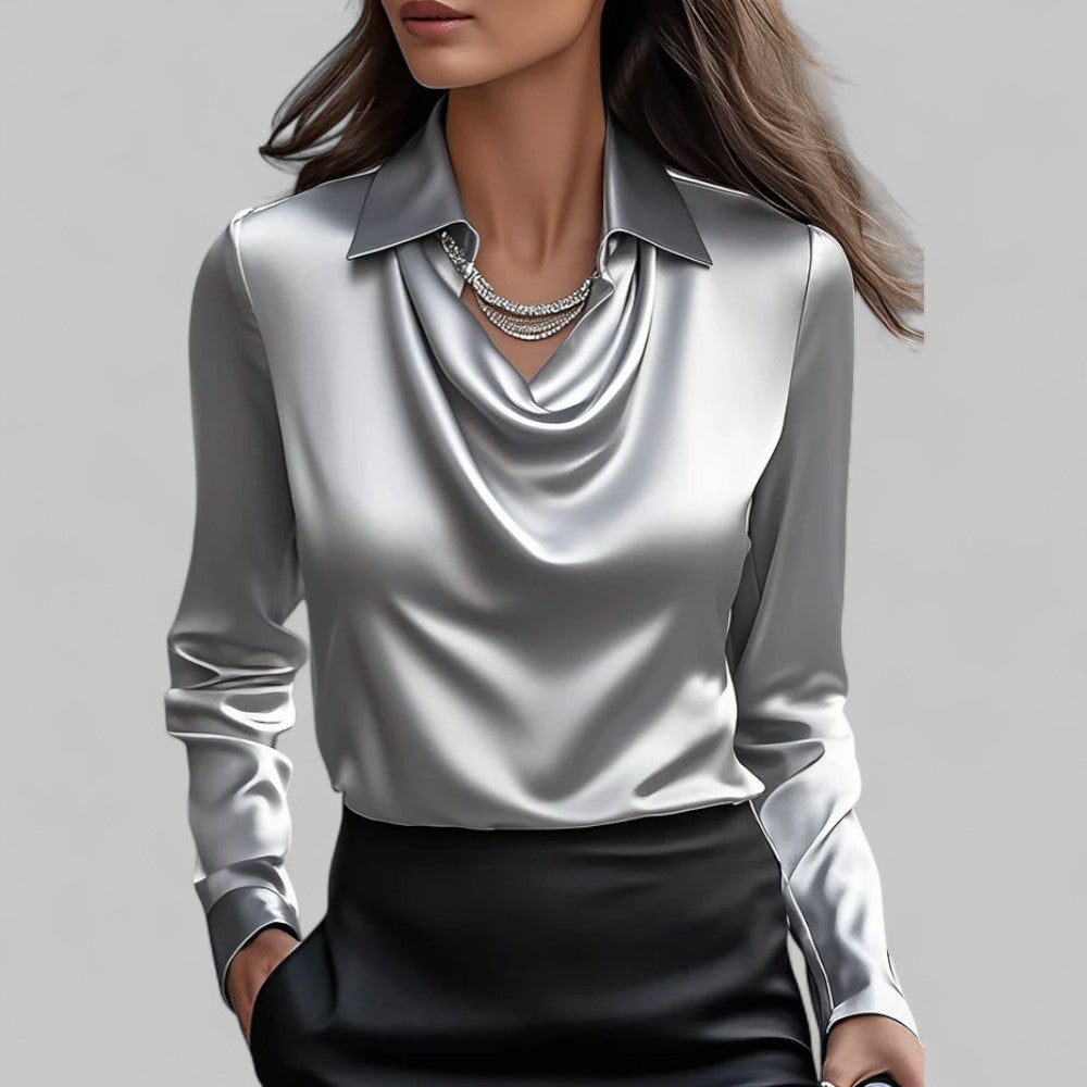 Draped Neck Satin Blouse with Long Sleeves