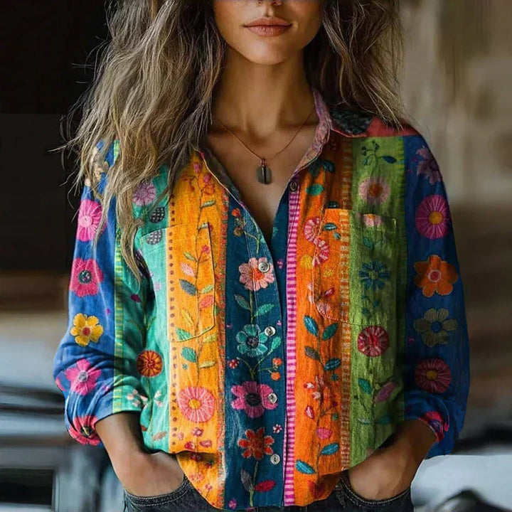 Women’s Vintage Boho Print Button-Up Blouse