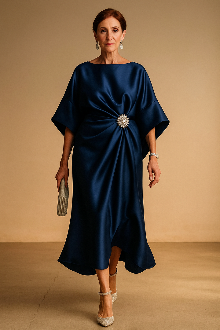Celeste™ | Luxe Satin Draped Midi Dress with Crystal Brooch