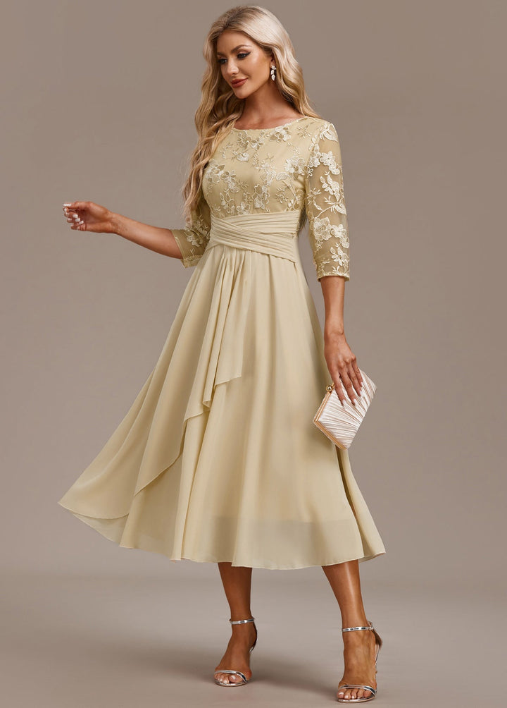 Raelyn™ | Champagne Embroidered 3/4 Sleeve Dress