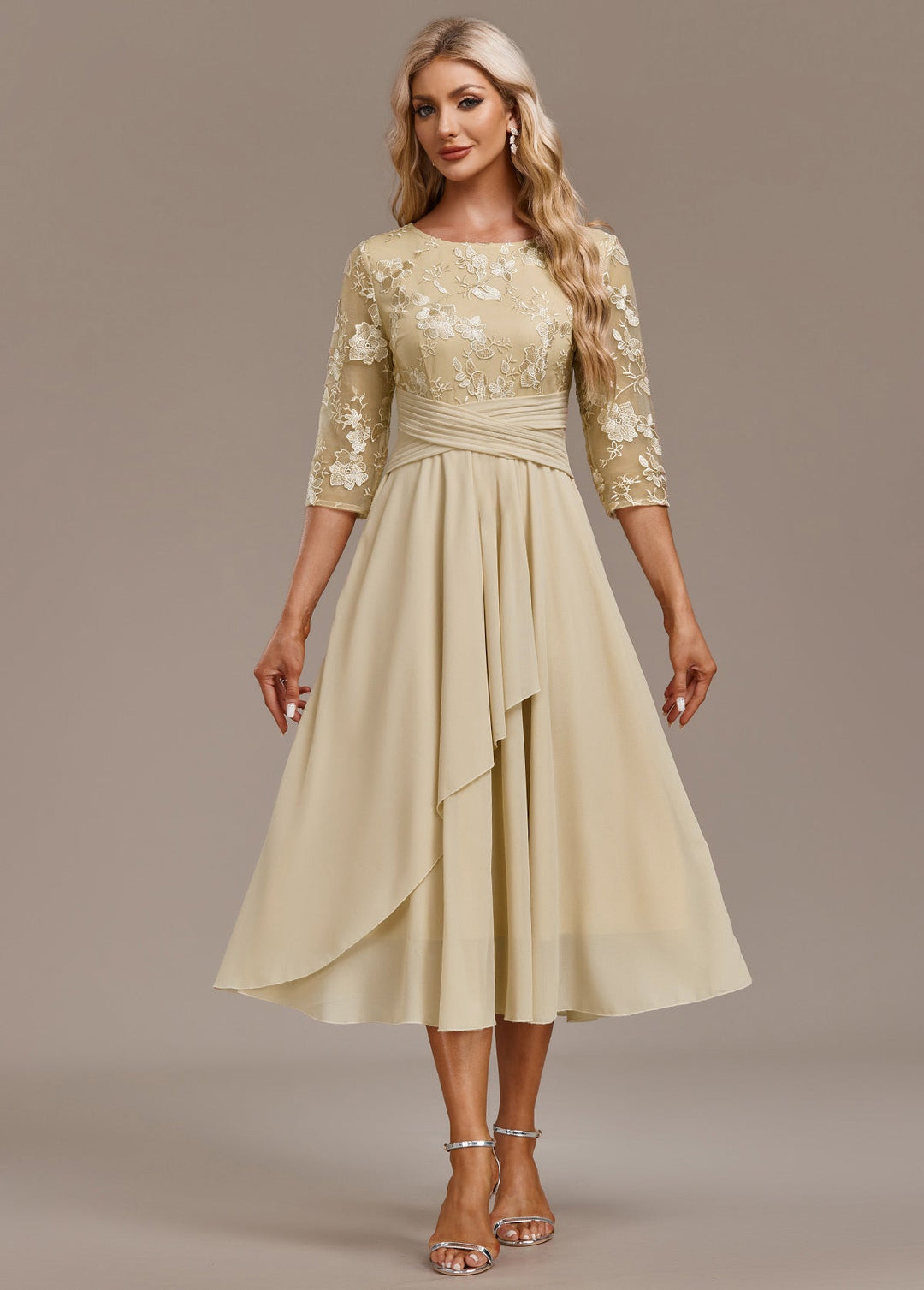 Raelyn™ | Champagne Embroidered 3/4 Sleeve Dress