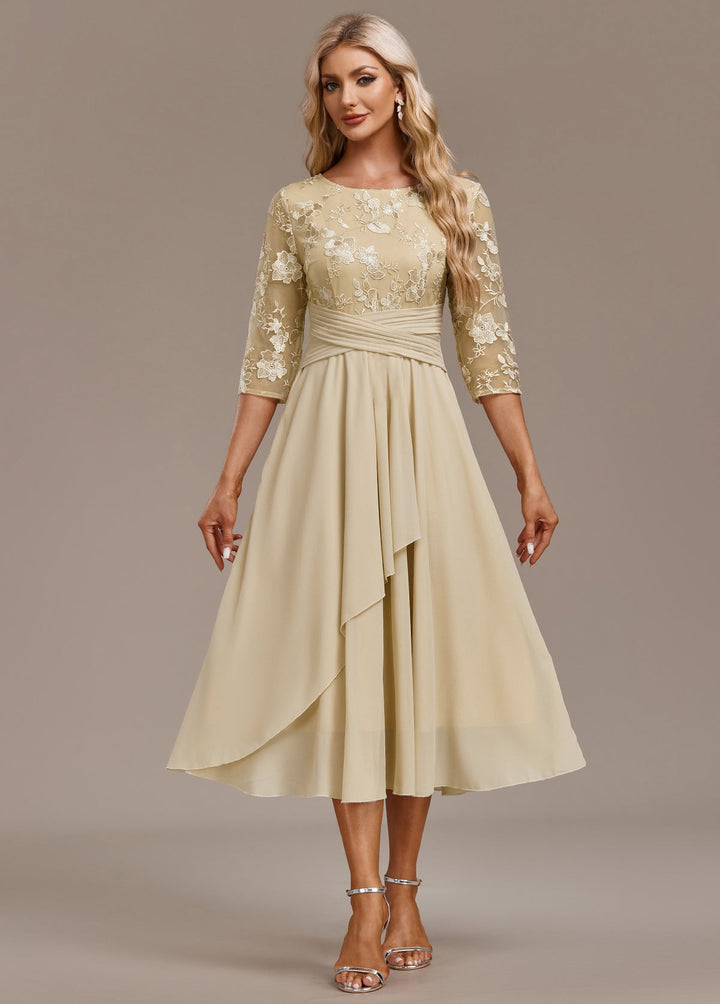 Raelyn™ | Champagne Embroidered 3/4 Sleeve Dress