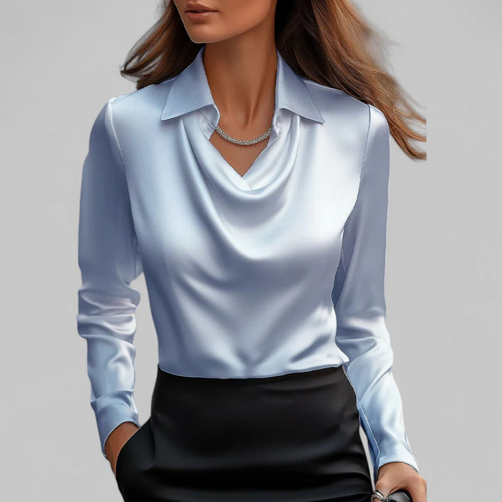 Draped Neck Satin Blouse with Long Sleeves