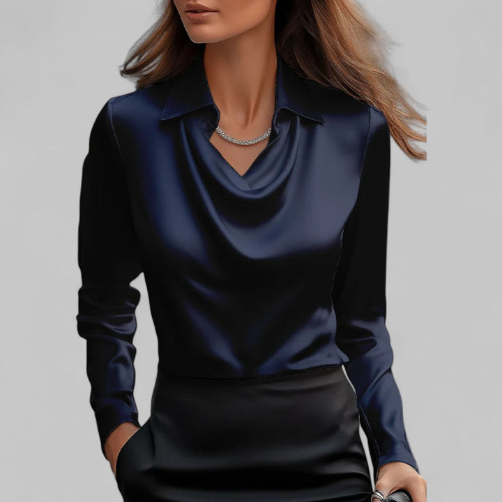 Draped Neck Satin Blouse with Long Sleeves
