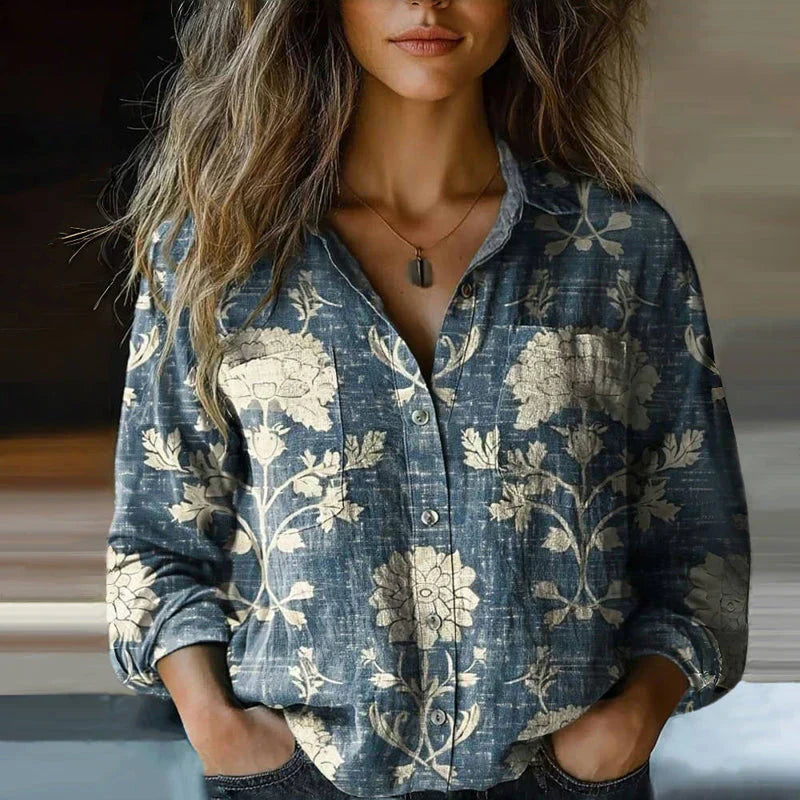 Women’s Vintage Boho Print Button-Up Blouse