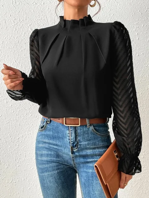 Elegant Sheer Sleeve Chic High-Neck Blouse for Women