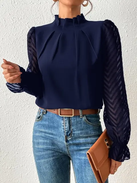 Elegant Sheer Sleeve Chic High-Neck Blouse for Women