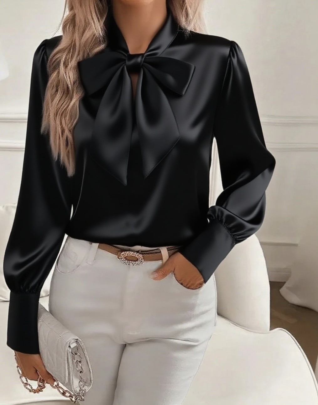 Elegant Bow Tie Blouse Long Sleeve Top for Women