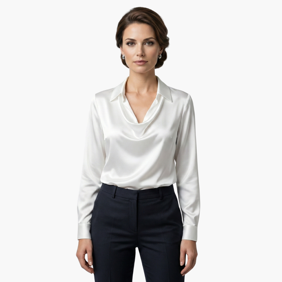 Satin Draped Neck Long Sleeve Blouse