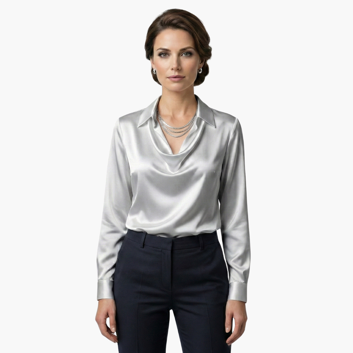Satin Draped Neck Long Sleeve Blouse