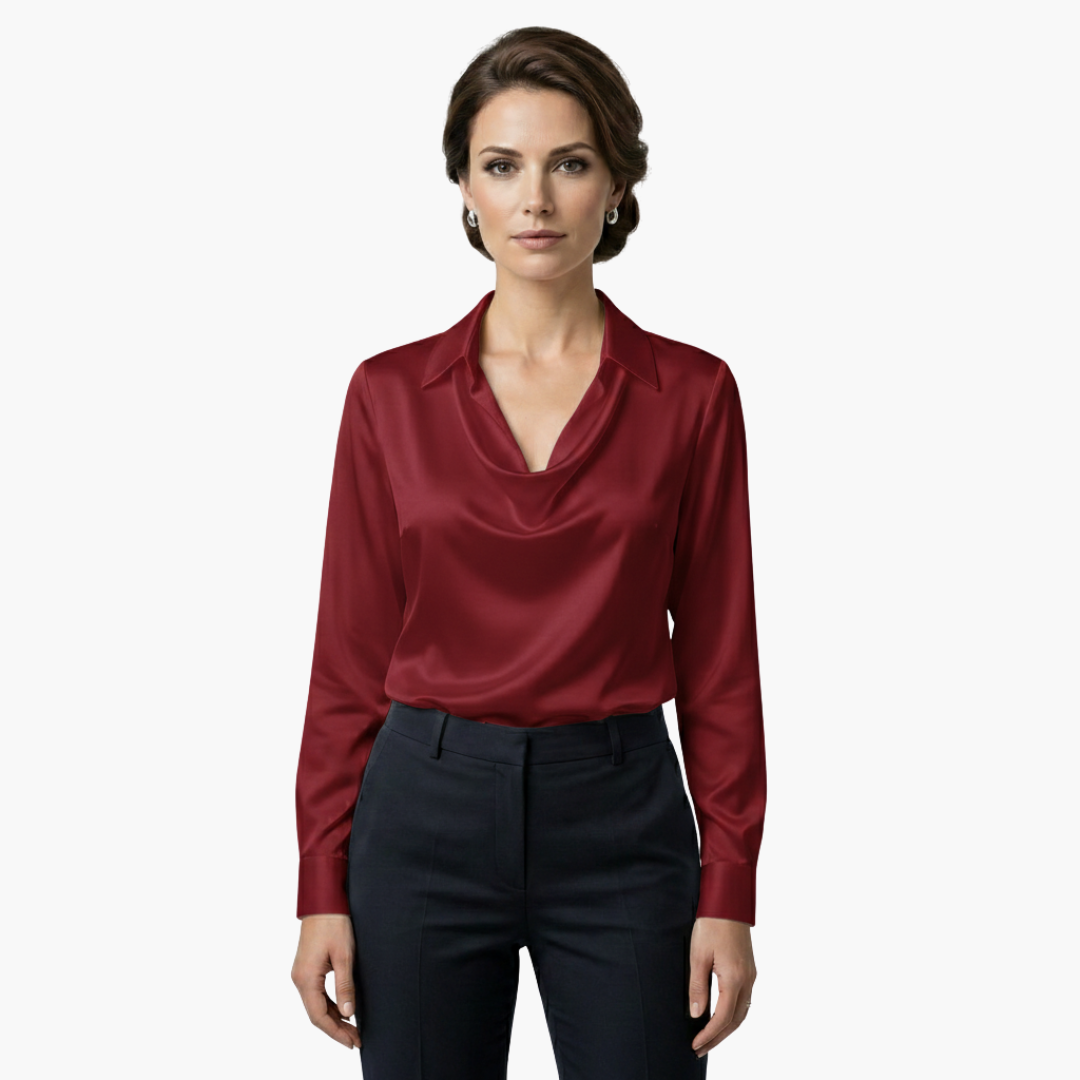 Satin Draped Neck Long Sleeve Blouse