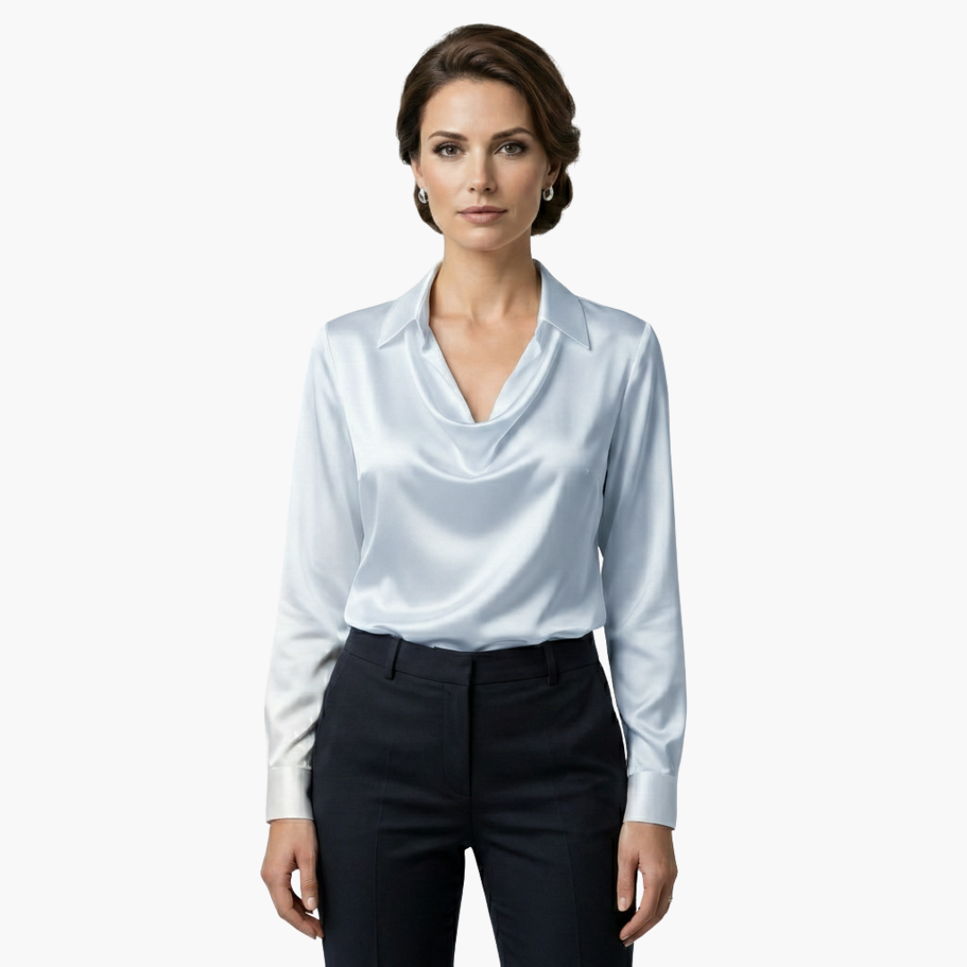 Satin Draped Neck Long Sleeve Blouse