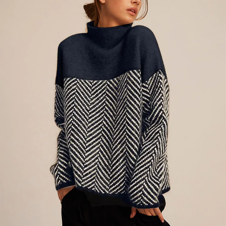 Colorblock Herringbone Knit Turtleneck Sweater for Women