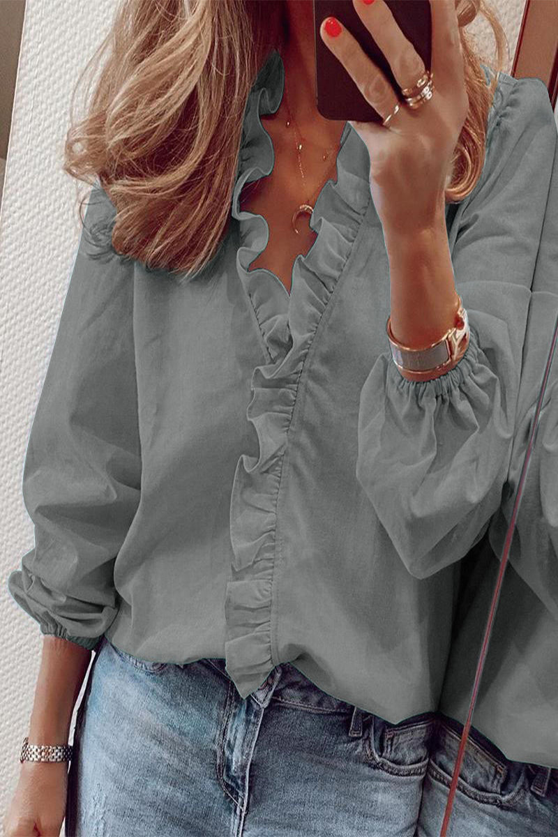 Women’s Ruffle V-Neck Long Sleeve Blouse
