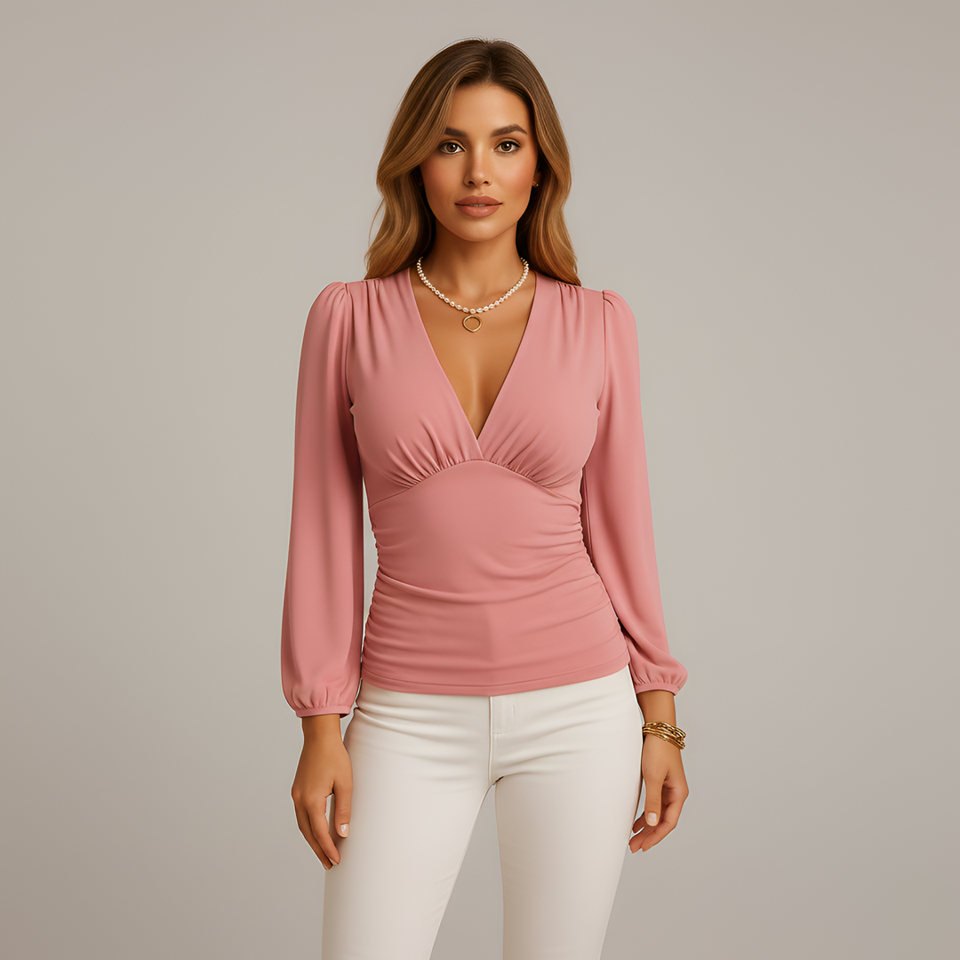 Elegant Ruched V-Neck Long Sleeve Blouse for Women