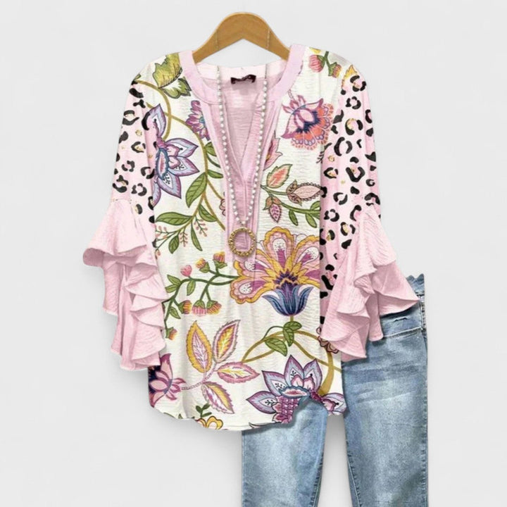 Women’s Floral Ruffle Sleeve V-Neck Blouse