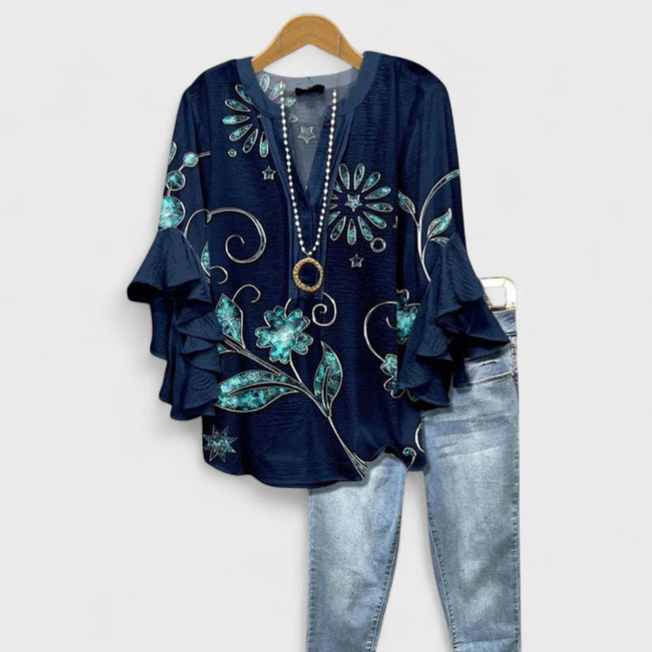 Women’s Floral Ruffle Sleeve V-Neck Blouse