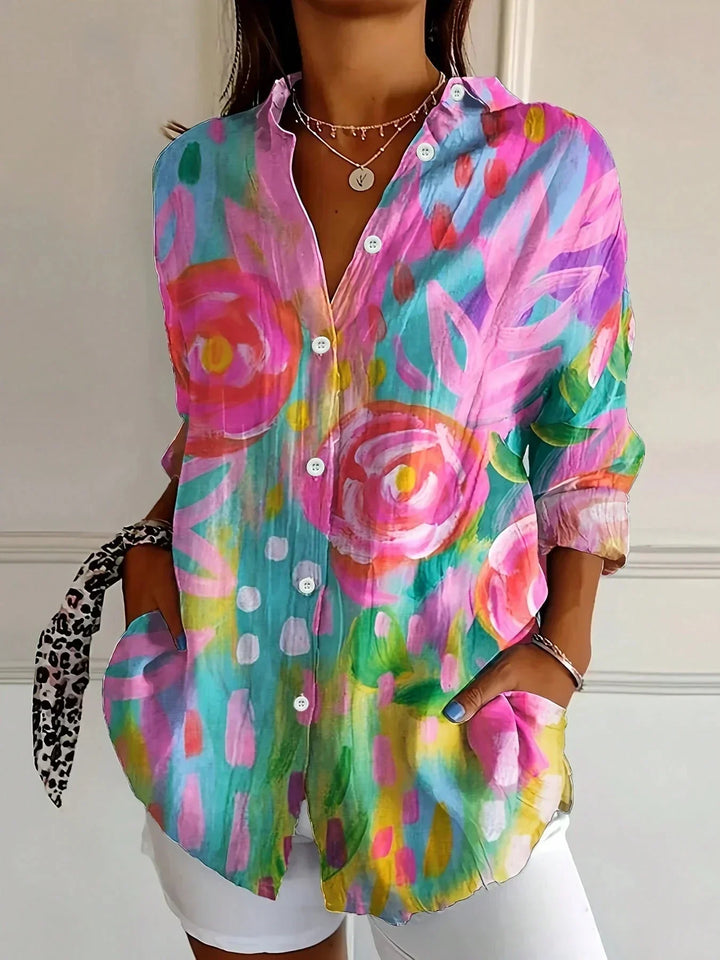 Women's Colorful Artistic Print Button-Up Blouse