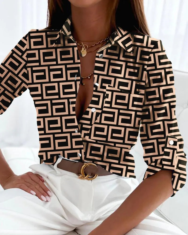 Women’s Abstract Print Button Front Casual Blouse