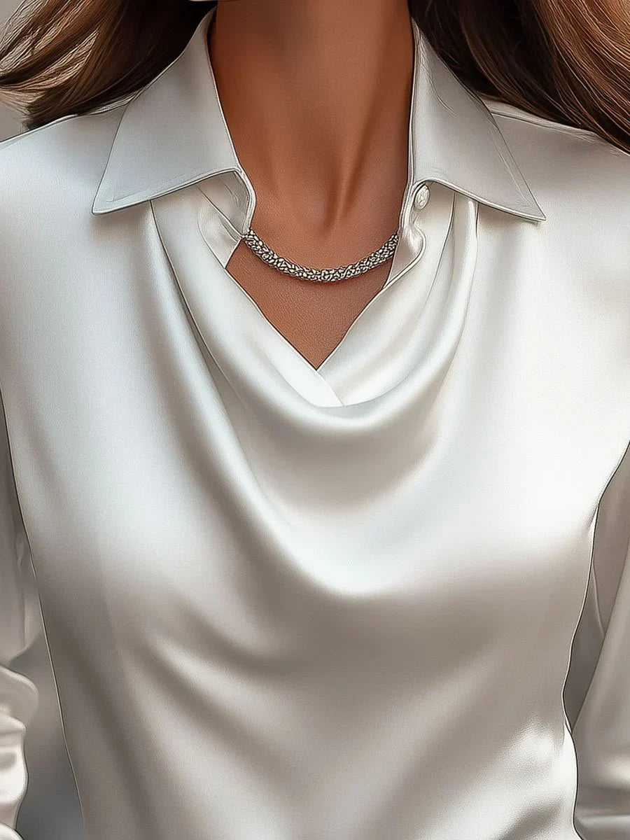 Silvara™ | Chic White Satin Blouse Featuring a Draped Neckline