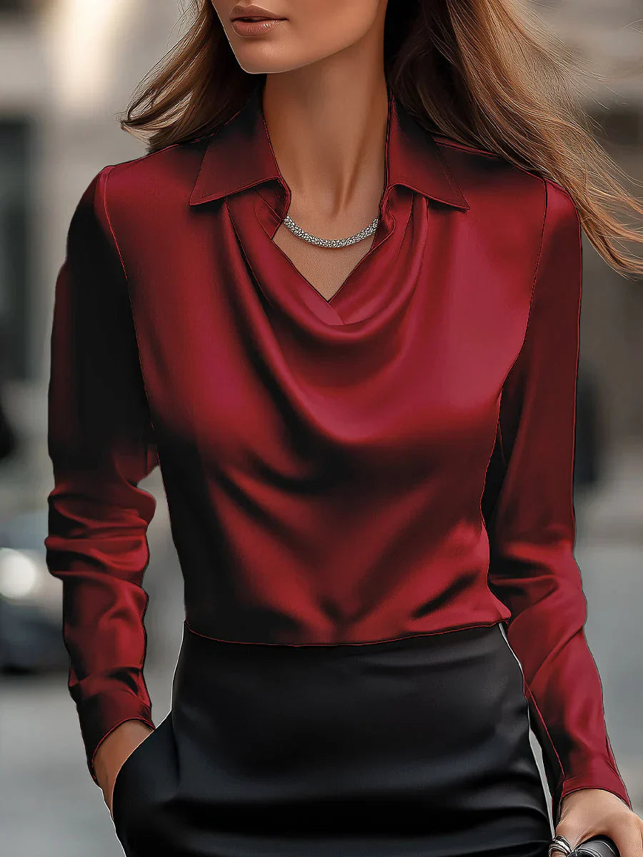 Silvara™ | Chic White Satin Blouse Featuring a Draped Neckline