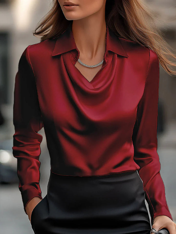 Silvara™ | Chic White Satin Blouse Featuring a Draped Neckline