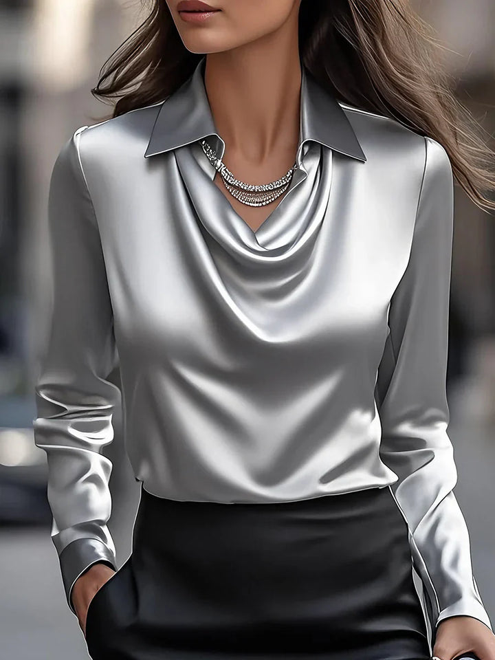 Silvara™ | Chic White Satin Blouse Featuring a Draped Neckline