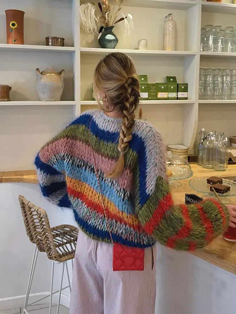 Bold Multicolor Mohair Sweater Cozy Comfort for Women