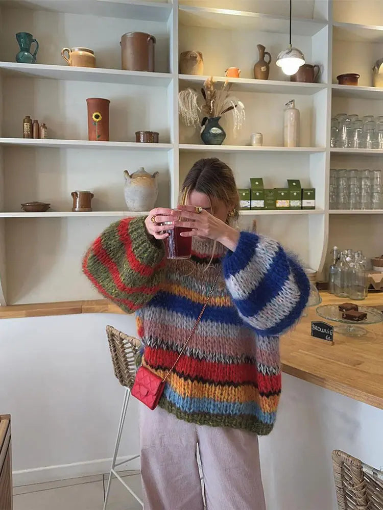 Bold Multicolor Mohair Sweater Cozy Comfort for Women