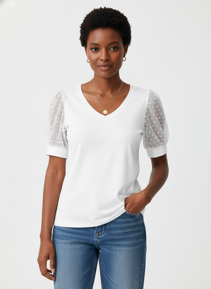 Rema | V-Neck Top with Sheer Sleeves