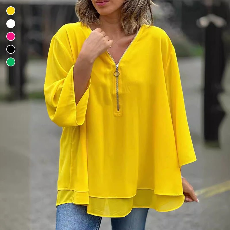 Katie | Luxe Chiffon Zipper Top With V-Neck
