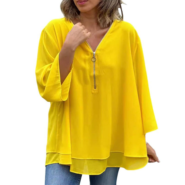 Katie | Luxe Chiffon Zipper Top With V-Neck