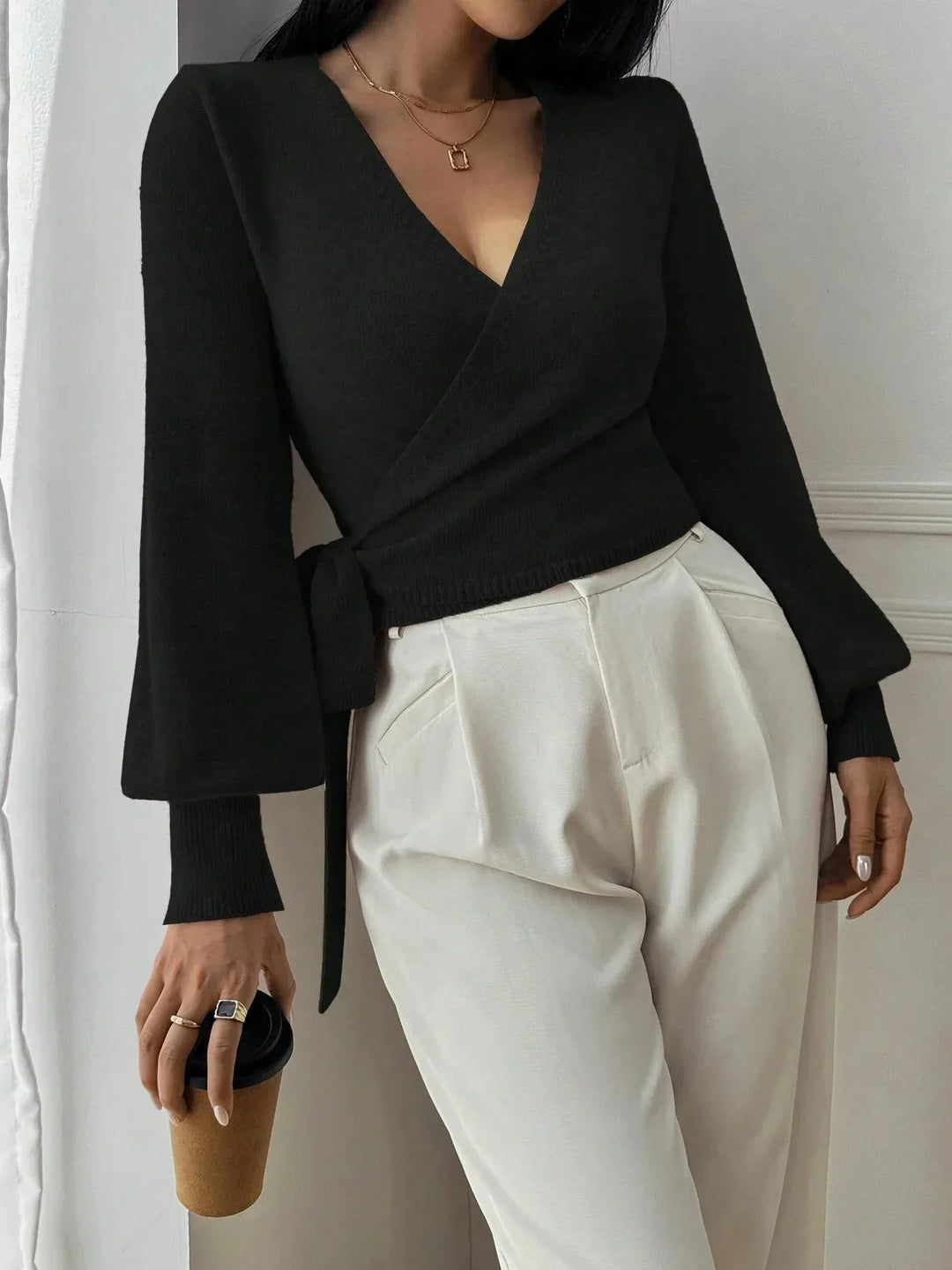 Elegant Wrap Knit Sweater Top for Women