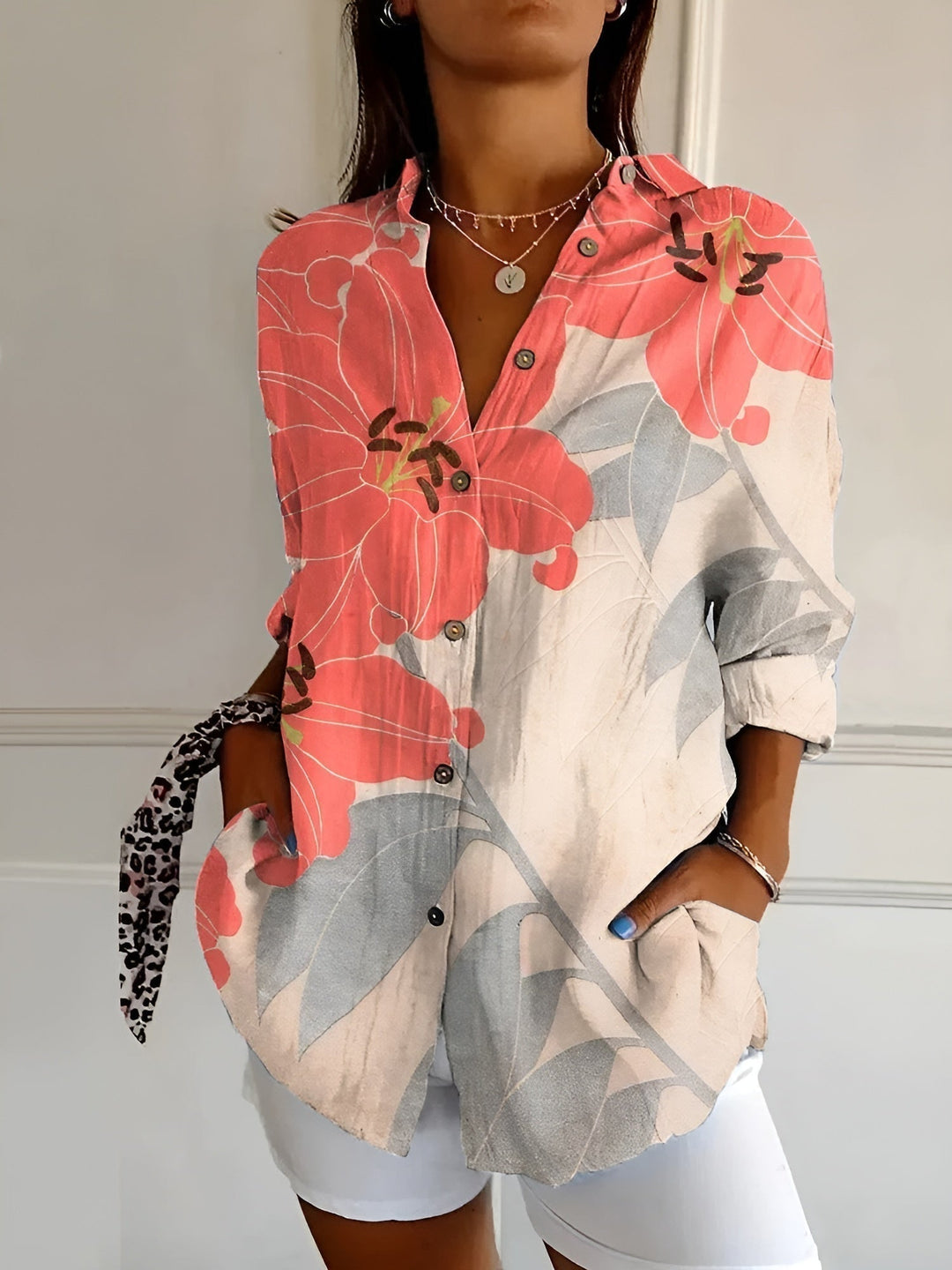 Maia | Cotton Blouse with Floral Wave Design